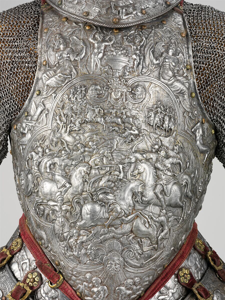 Portions of a Ceremonial Armor, Steel, copper alloy, gold, leather, textile, French