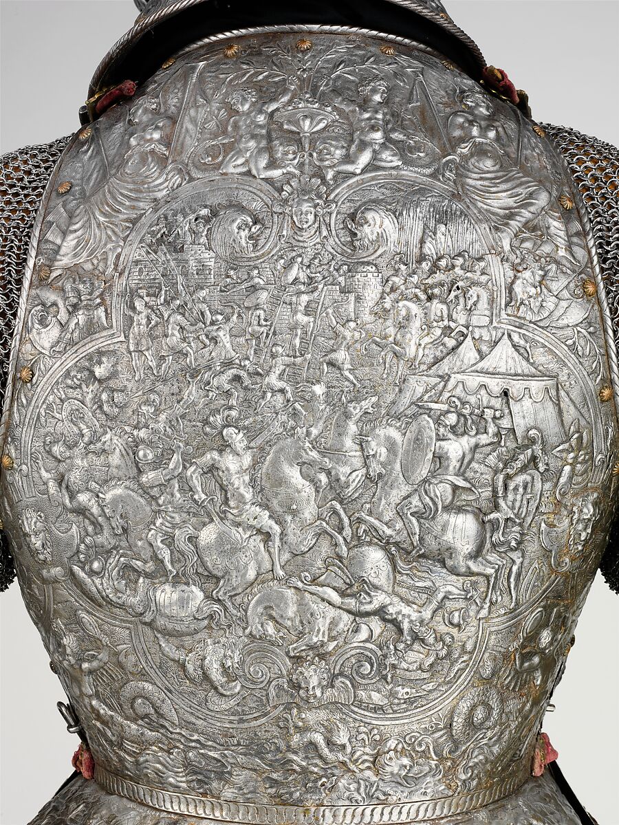 Portions of a Ceremonial Armor, Steel, copper alloy, gold, leather, textile, French