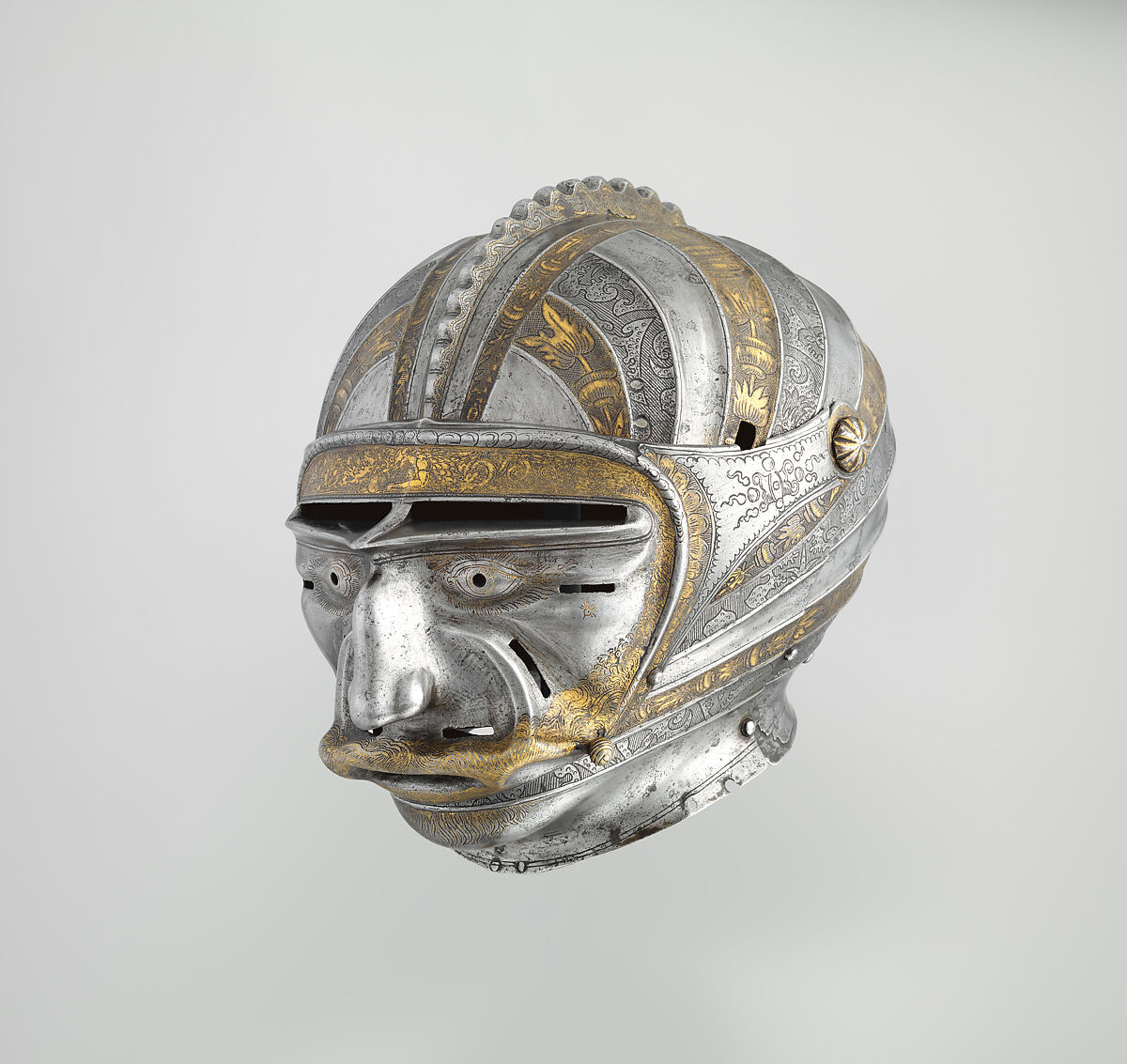 Close Helmet with Mask Visor in Form of a Human Face, Attributed to Kolman Helmschmid (German, Augsburg 1471–1532), Steel, gold, German, Augsburg 