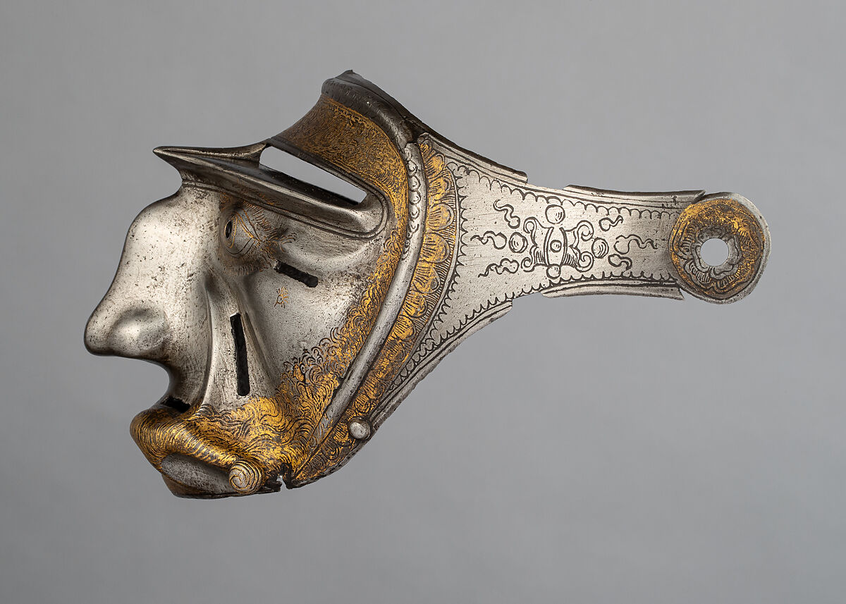 Mask Visor in Form of a Human Face, Attributed to Kolman Helmschmid (German, Augsburg 1471–1532), Steel, gold, German, Augsburg