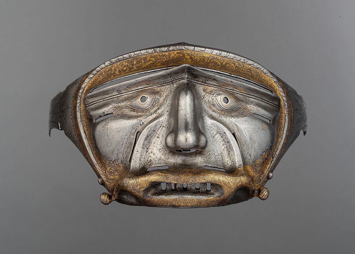 Mask Visor in Form of a Human Face, Attributed to Kolman Helmschmid (German, Augsburg 1471–1532), Steel, gold, German, Augsburg
