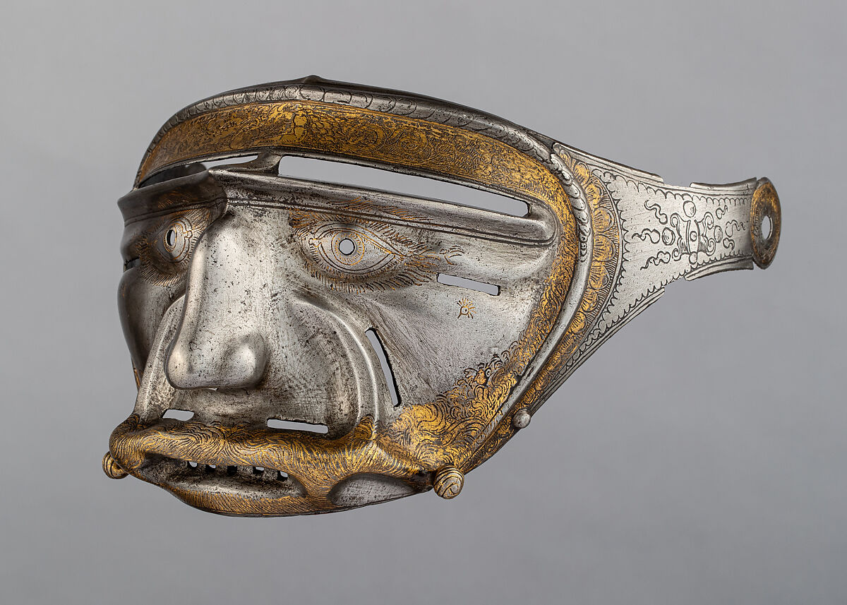 Mask Visor in Form of a Human Face, Attributed to Kolman Helmschmid (German, Augsburg 1471–1532), Steel, gold, German, Augsburg