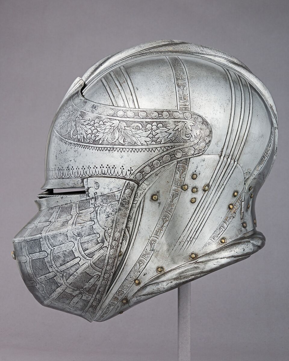 Armet for the Tourney, Attributed to Kolman Helmschmid (German, Augsburg 1471–1532), Steel, copper alloy, German, Augsburg 