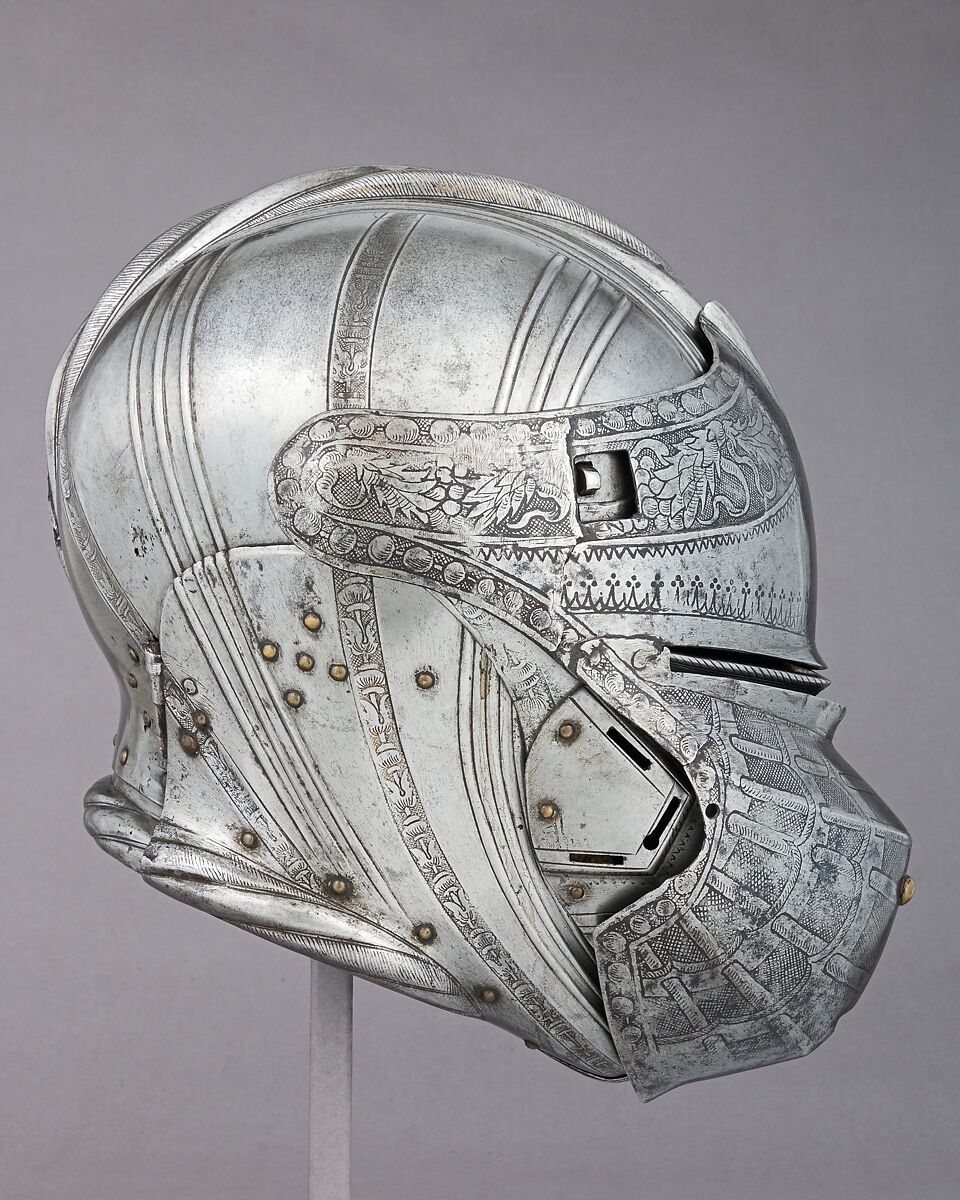 Armet for the Tourney, Attributed to Kolman Helmschmid (German, Augsburg 1471–1532), Steel, copper alloy, German, Augsburg