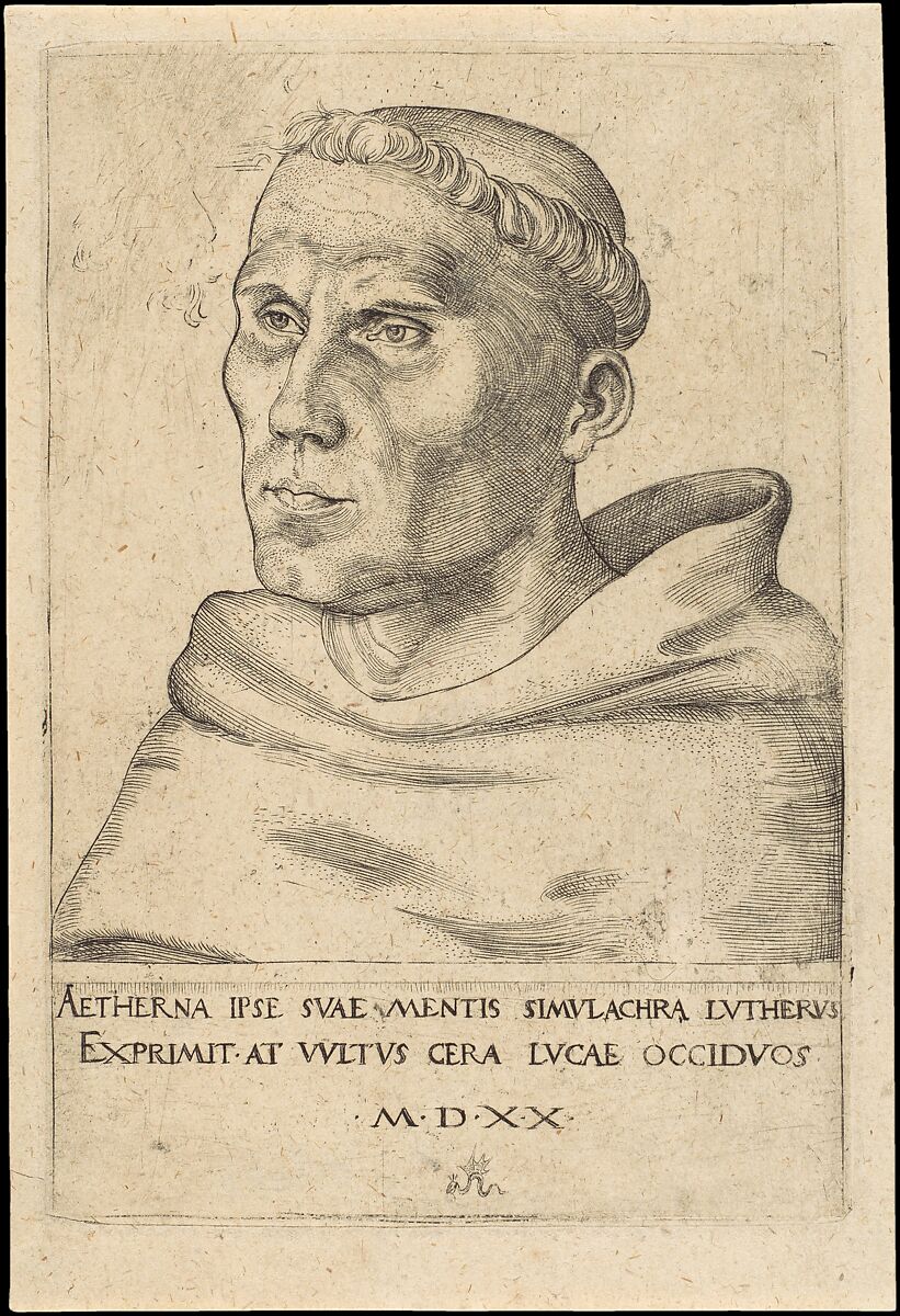 Martin Luther as an Augustinian Monk, Lucas Cranach the Elder (German, Kronach 1472–1553 Weimar), Engraving; Impression in which the man's profile to the left of Martin Luther is visible in parts 