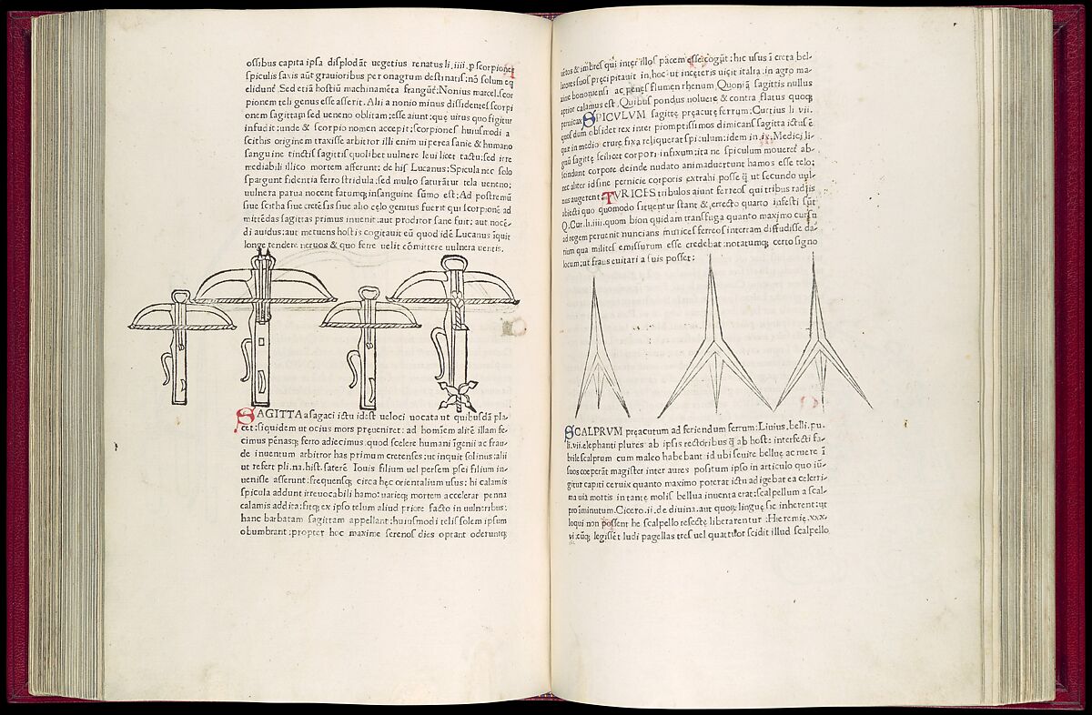 De Re Militari (On the Military Arts), Roberto Valturio (Italian, Rimini 1405–1475 Rimini), Printed book with 82 woodcut illustrations impressed by hand; illuminated initials and descriptive captions also added by hand