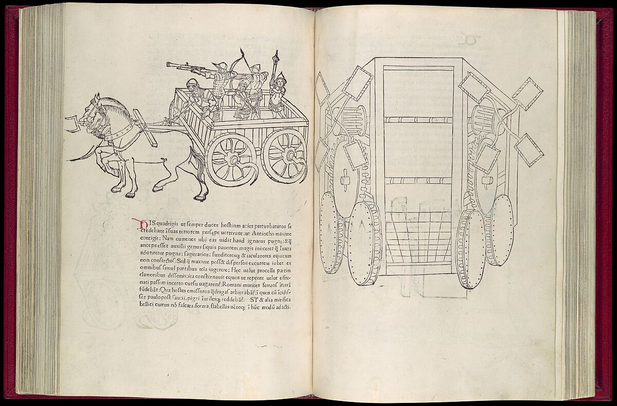 De Re Militari (On the Military Arts), Roberto Valturio (Italian, Rimini 1405–1475 Rimini), Printed book with 82 woodcut illustrations impressed by hand; illuminated initials and descriptive captions also added by hand
