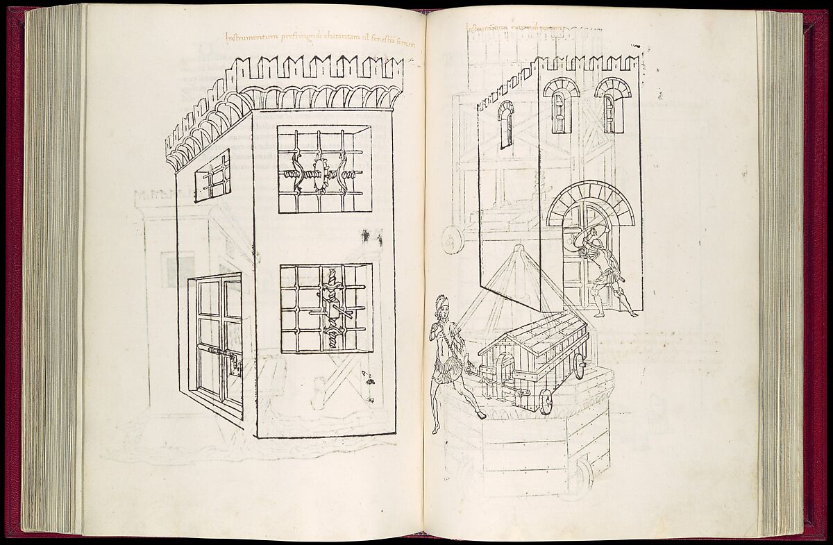 De Re Militari (On the Military Arts), Roberto Valturio (Italian, Rimini 1405–1475 Rimini), Printed book with 82 woodcut illustrations impressed by hand; illuminated initials and descriptive captions also added by hand