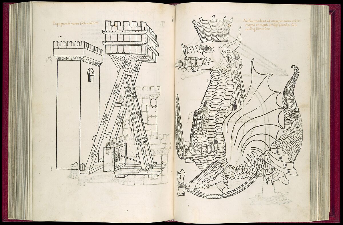 De Re Militari (On the Military Arts), Roberto Valturio (Italian, Rimini 1405–1475 Rimini), Printed book with 82 woodcut illustrations impressed by hand; illuminated initials and descriptive captions also added by hand