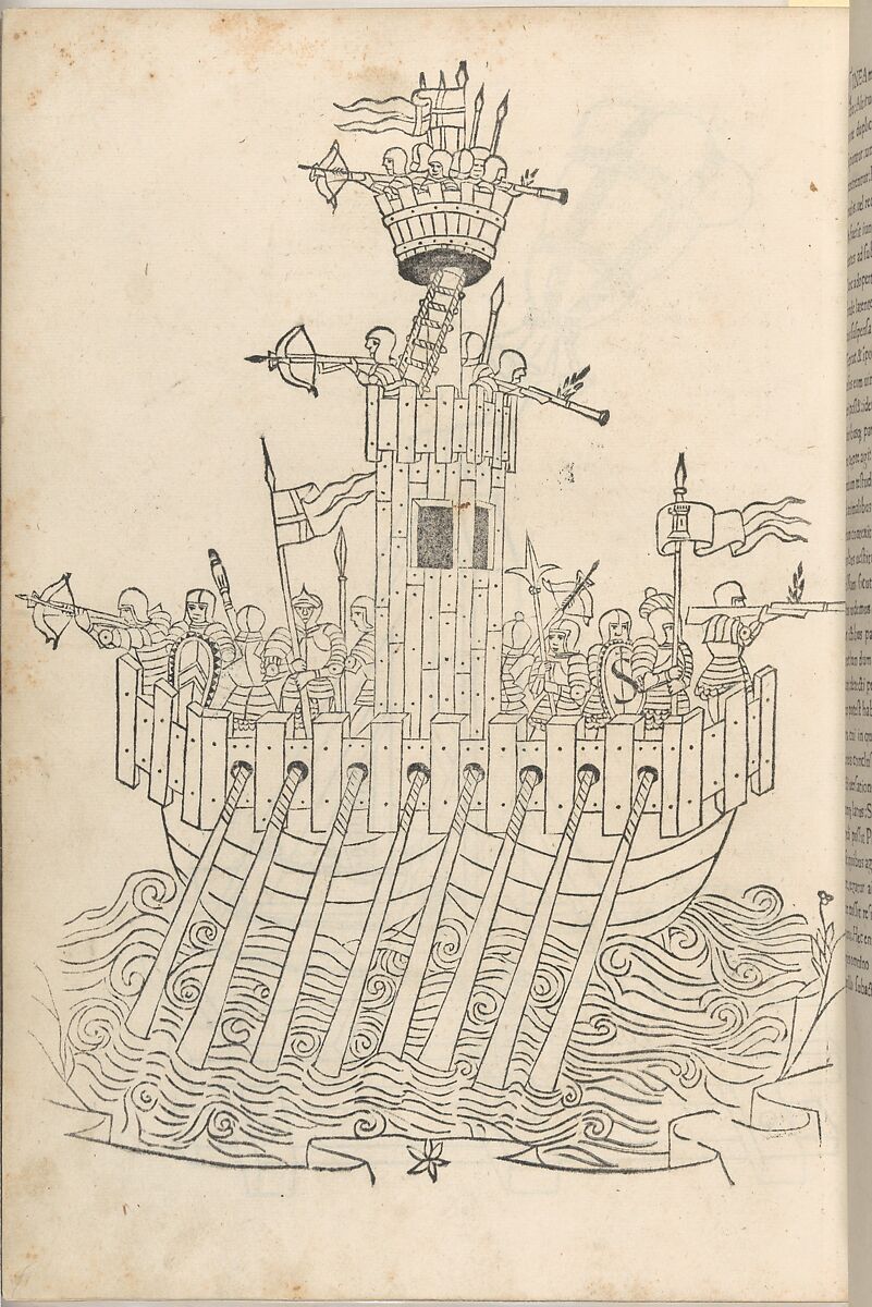 De Re Militari (On the Military Arts), Roberto Valturio (Italian, Rimini 1405–1475 Rimini), Printed book with 82 woodcut illustrations impressed by hand; illuminated initials and descriptive captions also added by hand