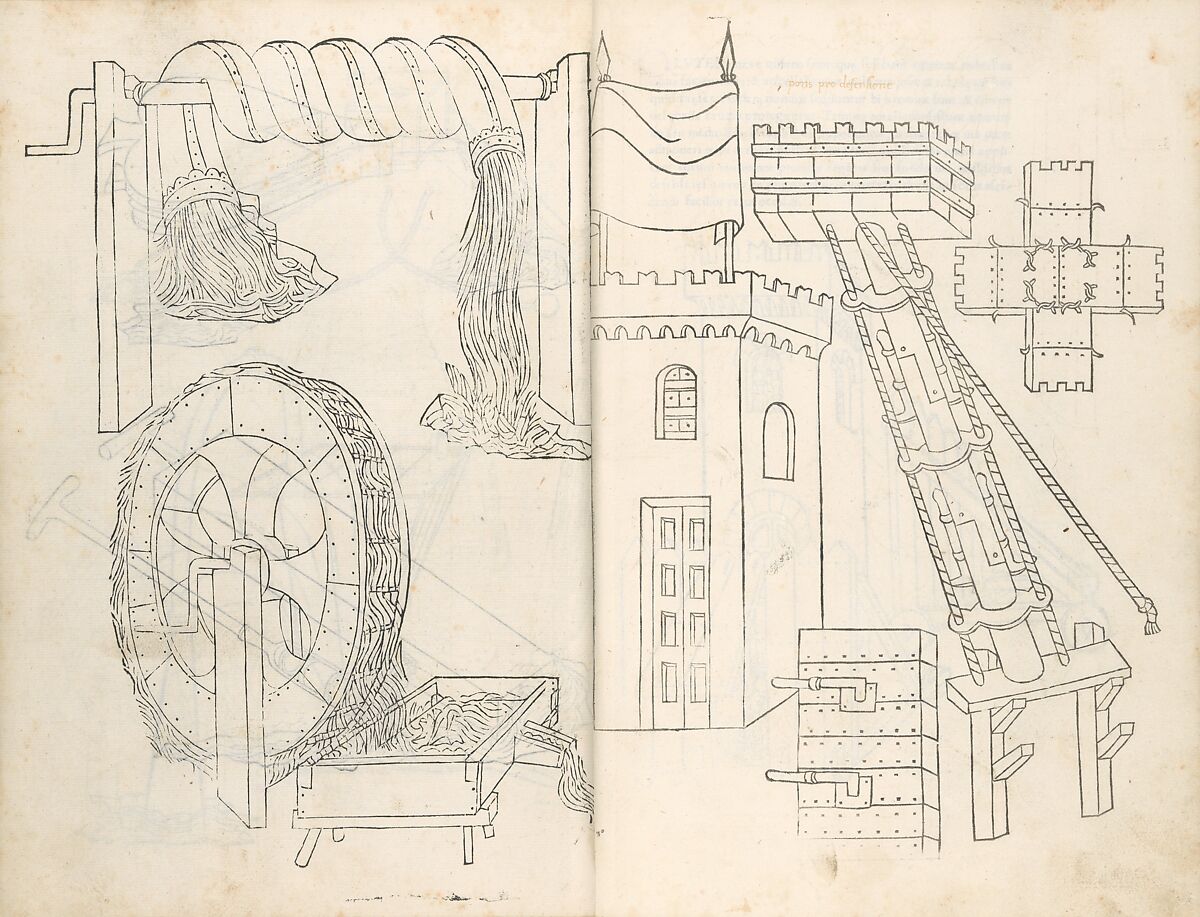 De Re Militari (On the Military Arts), Roberto Valturio (Italian, Rimini 1405–1475 Rimini), Printed book with 82 woodcut illustrations impressed by hand; illuminated initials and descriptive captions also added by hand