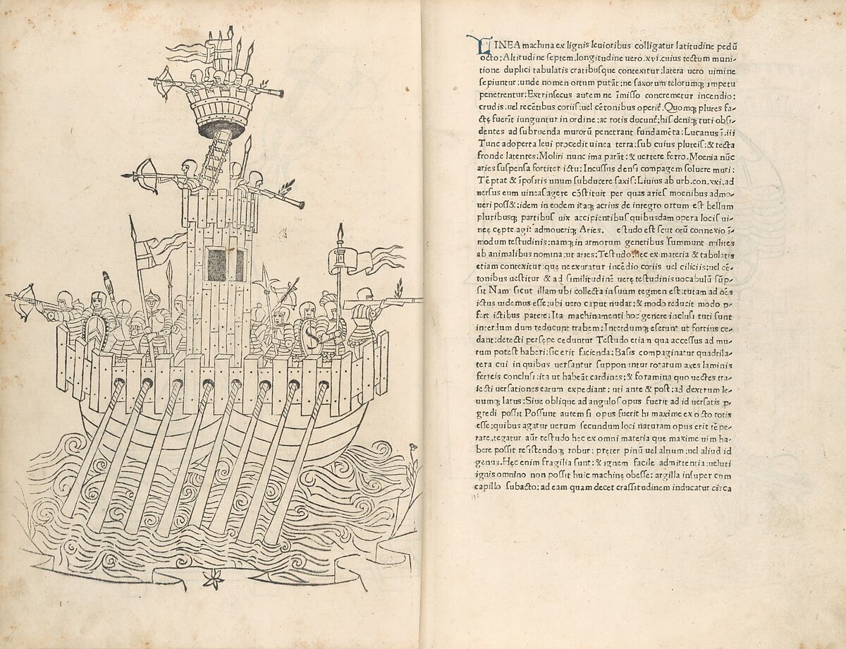 De Re Militari (On the Military Arts), Roberto Valturio (Italian, Rimini 1405–1475 Rimini), Printed book with 82 woodcut illustrations impressed by hand; illuminated initials and descriptive captions also added by hand