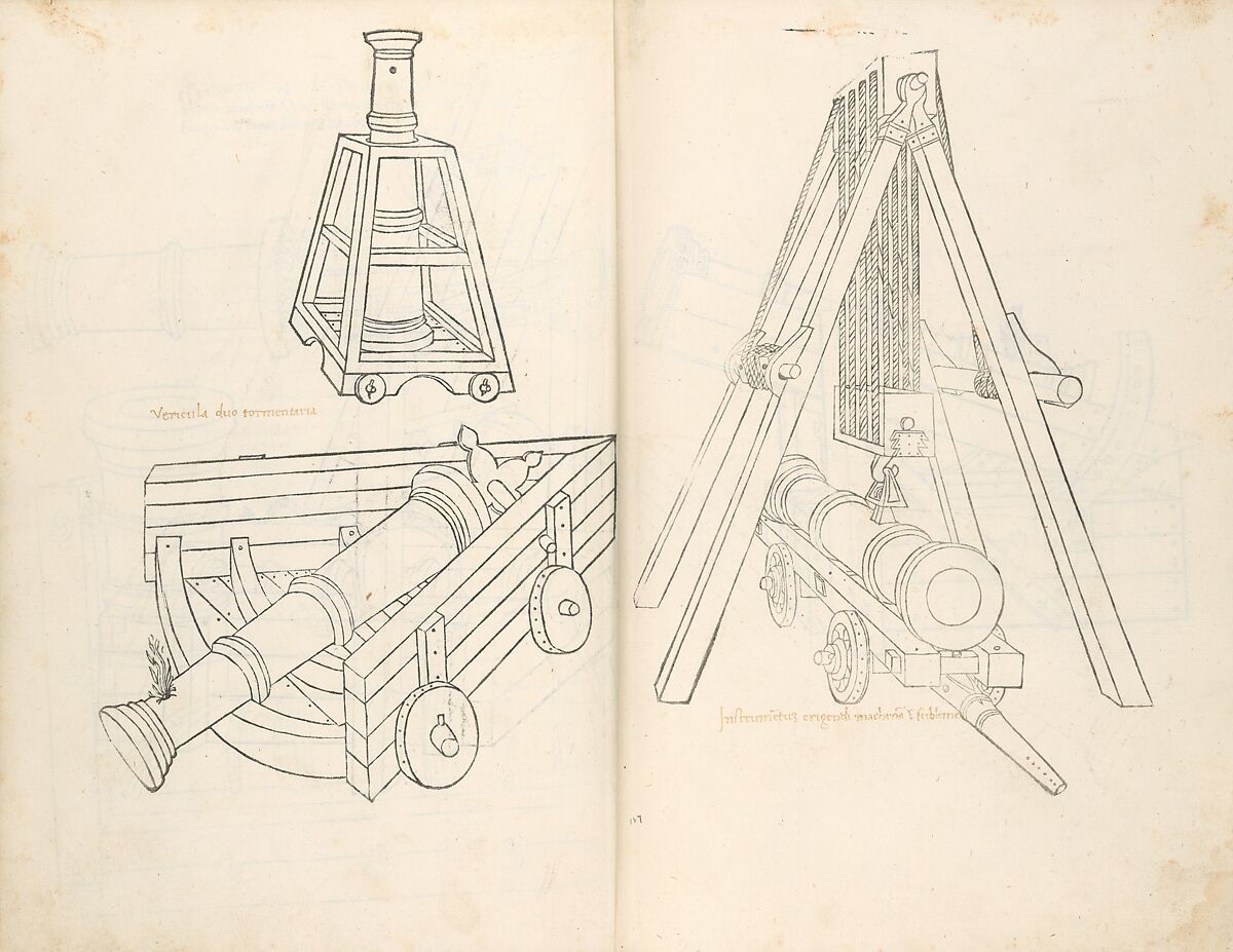 De Re Militari (On the Military Arts), Roberto Valturio (Italian, Rimini 1405–1475 Rimini), Printed book with 82 woodcut illustrations impressed by hand; illuminated initials and descriptive captions also added by hand