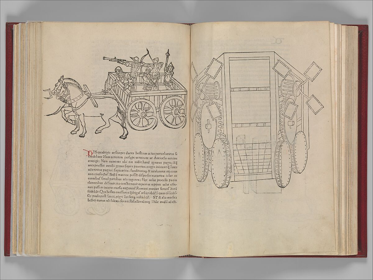 De Re Militari (On the Military Arts), Roberto Valturio (Italian, Rimini 1405–1475 Rimini), Printed book with 82 woodcut illustrations impressed by hand; illuminated initials and descriptive captions also added by hand