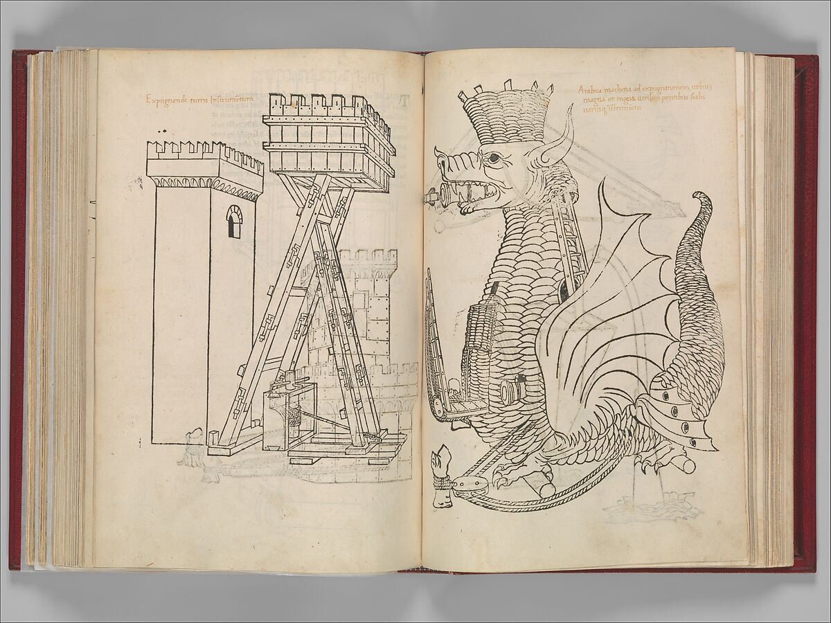 De Re Militari (On the Military Arts), Roberto Valturio (Italian, Rimini 1405–1475 Rimini), Printed book with 82 woodcut illustrations impressed by hand; illuminated initials and descriptive captions also added by hand 