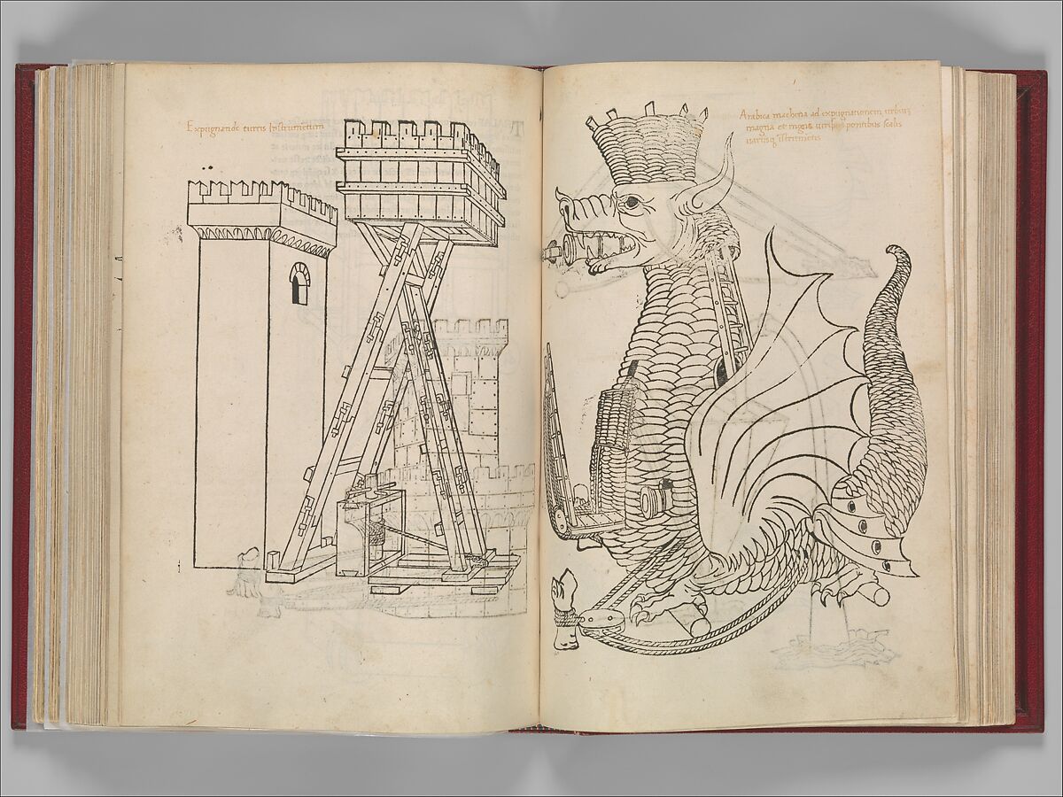 De Re Militari (On the Military Arts), Roberto Valturio  Italian, Printed book with 82 woodcut illustrations impressed by hand; illuminated initials and descriptive captions also added by hand