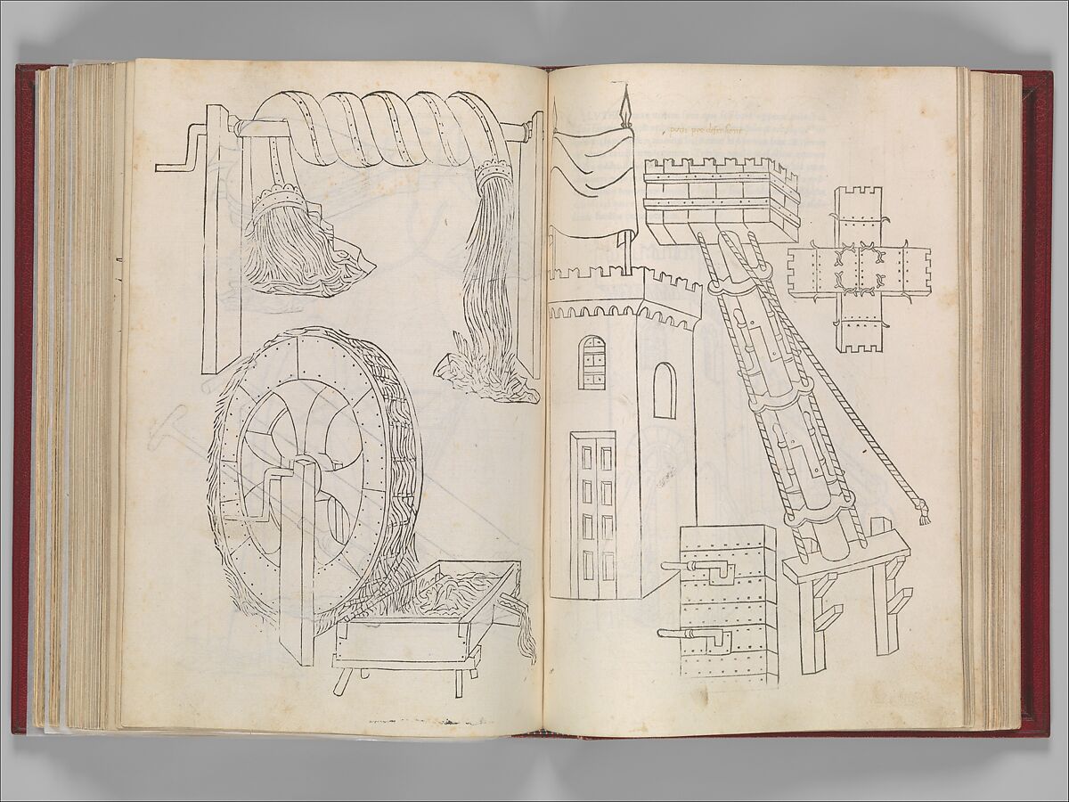 De Re Militari (On the Military Arts), Roberto Valturio (Italian, Rimini 1405–1475 Rimini), Printed book with 82 woodcut illustrations impressed by hand; illuminated initials and descriptive captions also added by hand