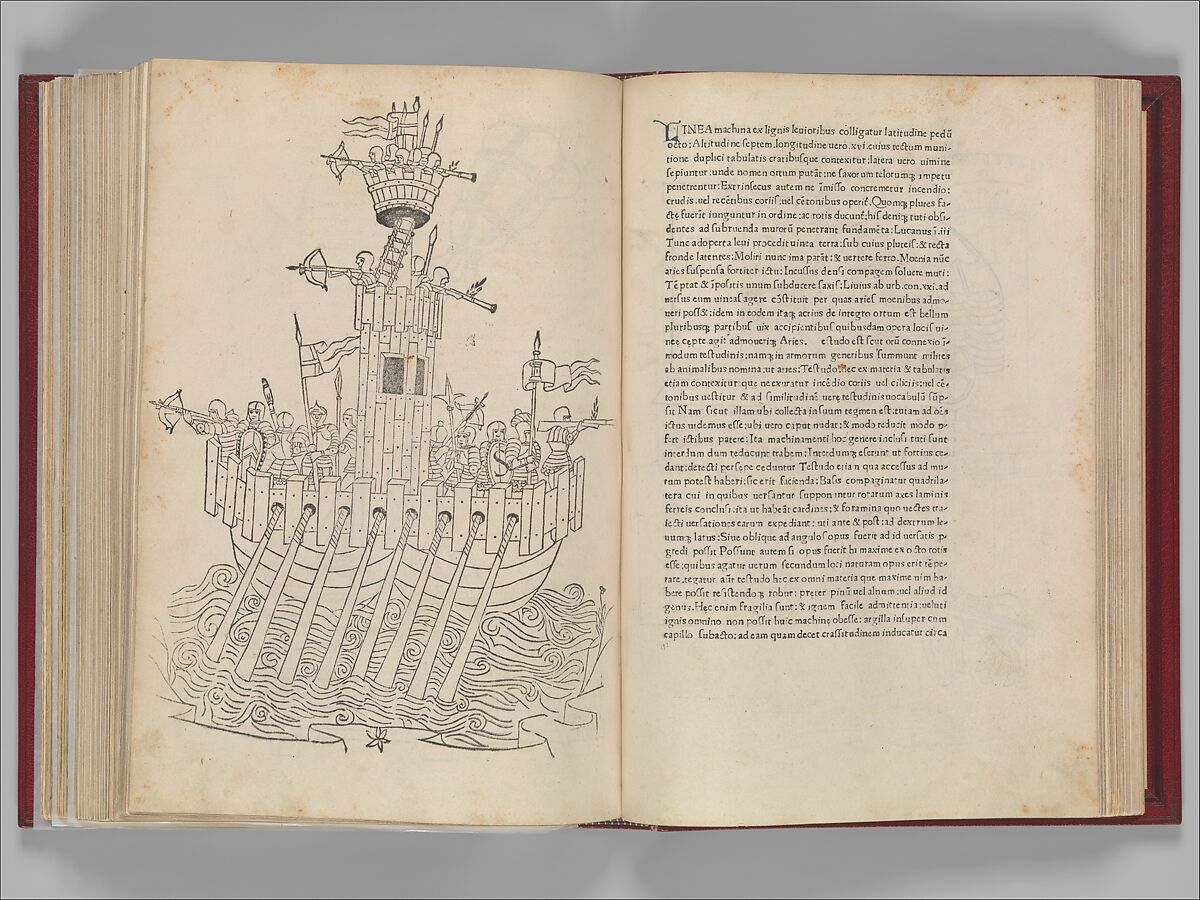 De Re Militari (On the Military Arts), Roberto Valturio (Italian, Rimini 1405–1475 Rimini), Printed book with 82 woodcut illustrations impressed by hand; illuminated initials and descriptive captions also added by hand
