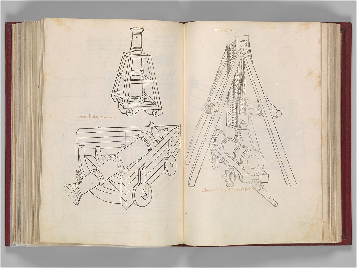 De Re Militari (On the Military Arts), Roberto Valturio (Italian, Rimini 1405–1475 Rimini), Printed book with 82 woodcut illustrations impressed by hand; illuminated initials and descriptive captions also added by hand