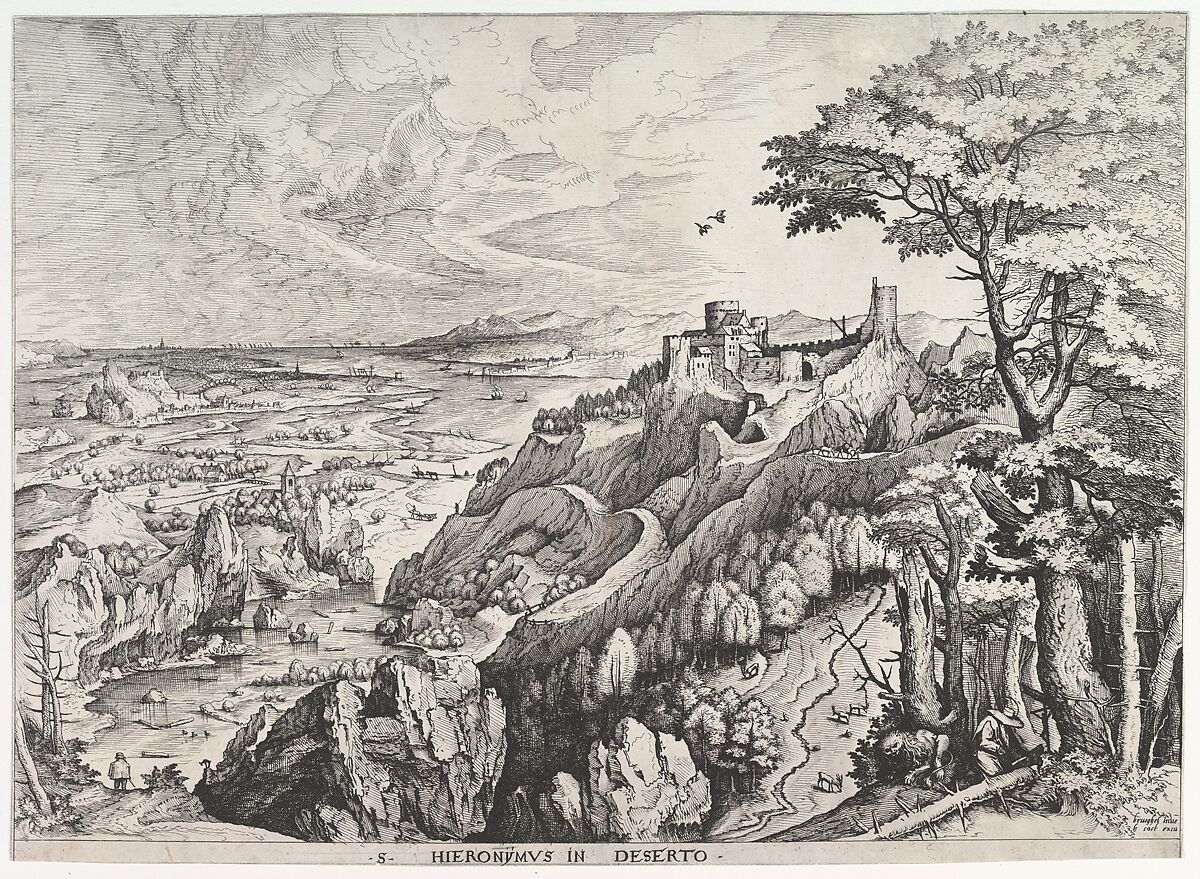 St. Jerome in the Wilderness (S. Hieronymus in Deserto) from The Large Landscapes, Johannes van Doetecum I (Netherlandish, 1528/32–1605), Etching and engraving 