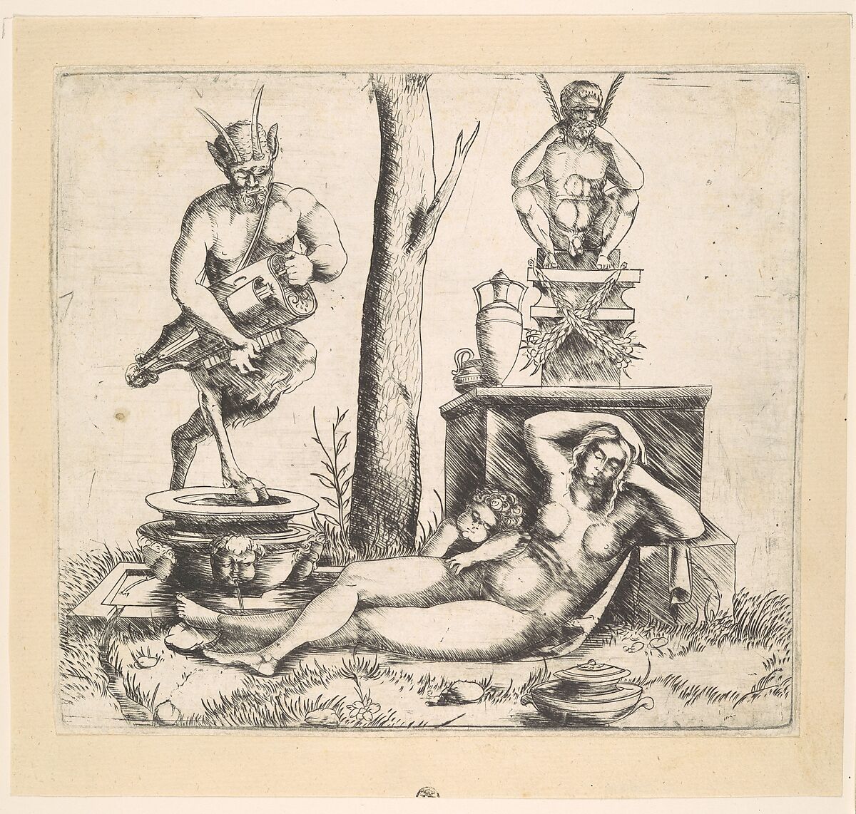 Satyr playing a lyre and a sleeping nymph, Master of 1515, Engraving 
