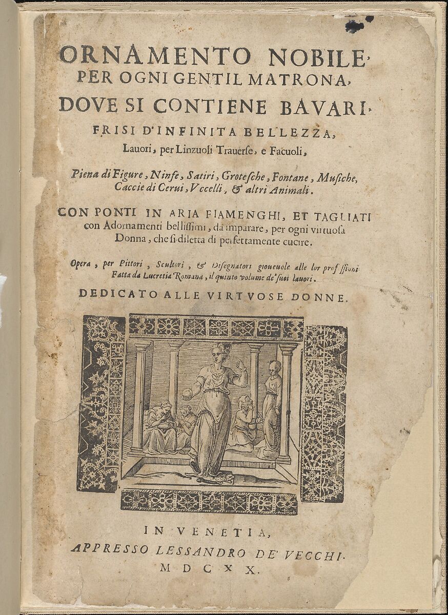 Ornamento nobile...Fatta da Lucretia Romana (Libro V of the Corona), Cesare Vecellio (Italian, Pieve di Cadore 1521–1601 Venice), Woodcut 