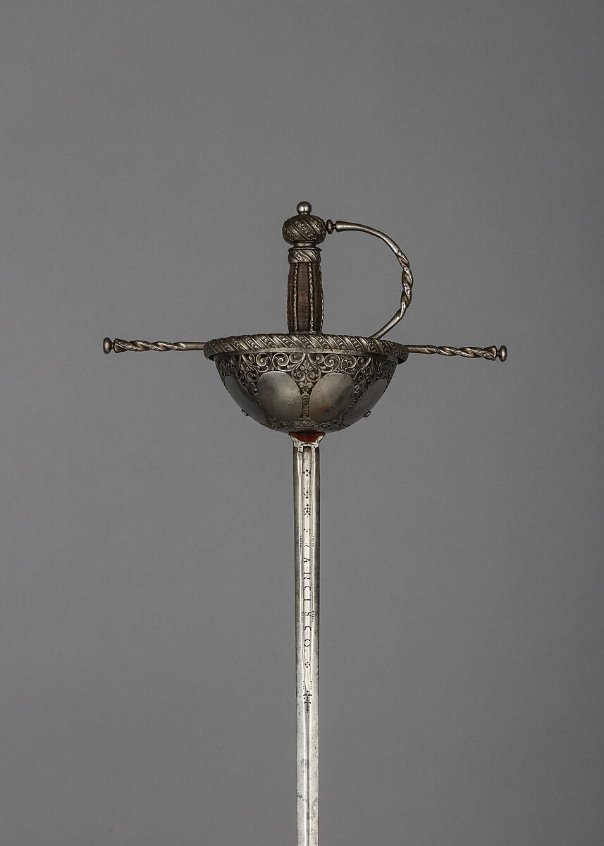 Cup-Hilted Rapier, Francesco Maria Rivolta (Italian, Milan, active second half of 17th century), Steel, iron wire, wood, textile (felt), Italian, Milan