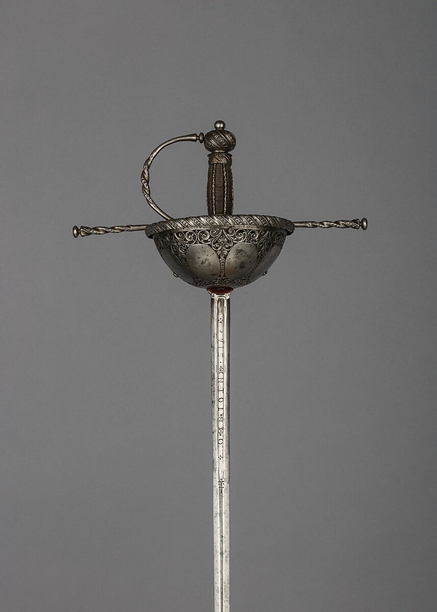 Cup-Hilted Rapier, Francesco Maria Rivolta (Italian, Milan, active second half of 17th century), Steel, iron wire, wood, textile (felt), Italian, Milan 