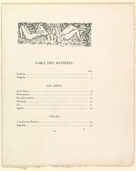 Table of contents and colophon, from a book of poems by Paul Verlaine titled "Parallèlement", Paul Verlaine (French, Metz 1844–1896 Paris), Wood-cuts 