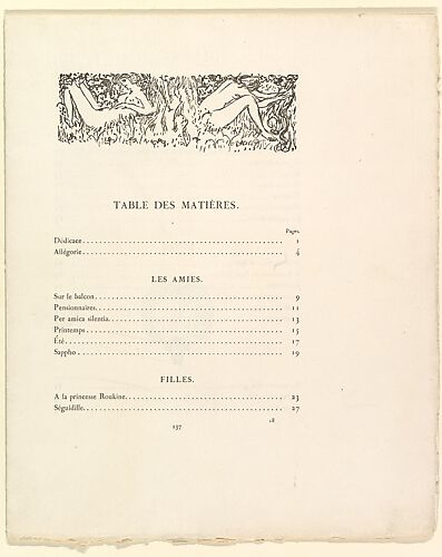 Table of contents and colophon, from a book of poems by Paul Verlaine titled 