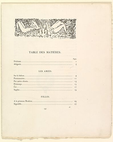 Table of contents and colophon, from a book of poems by Paul Verlaine titled 