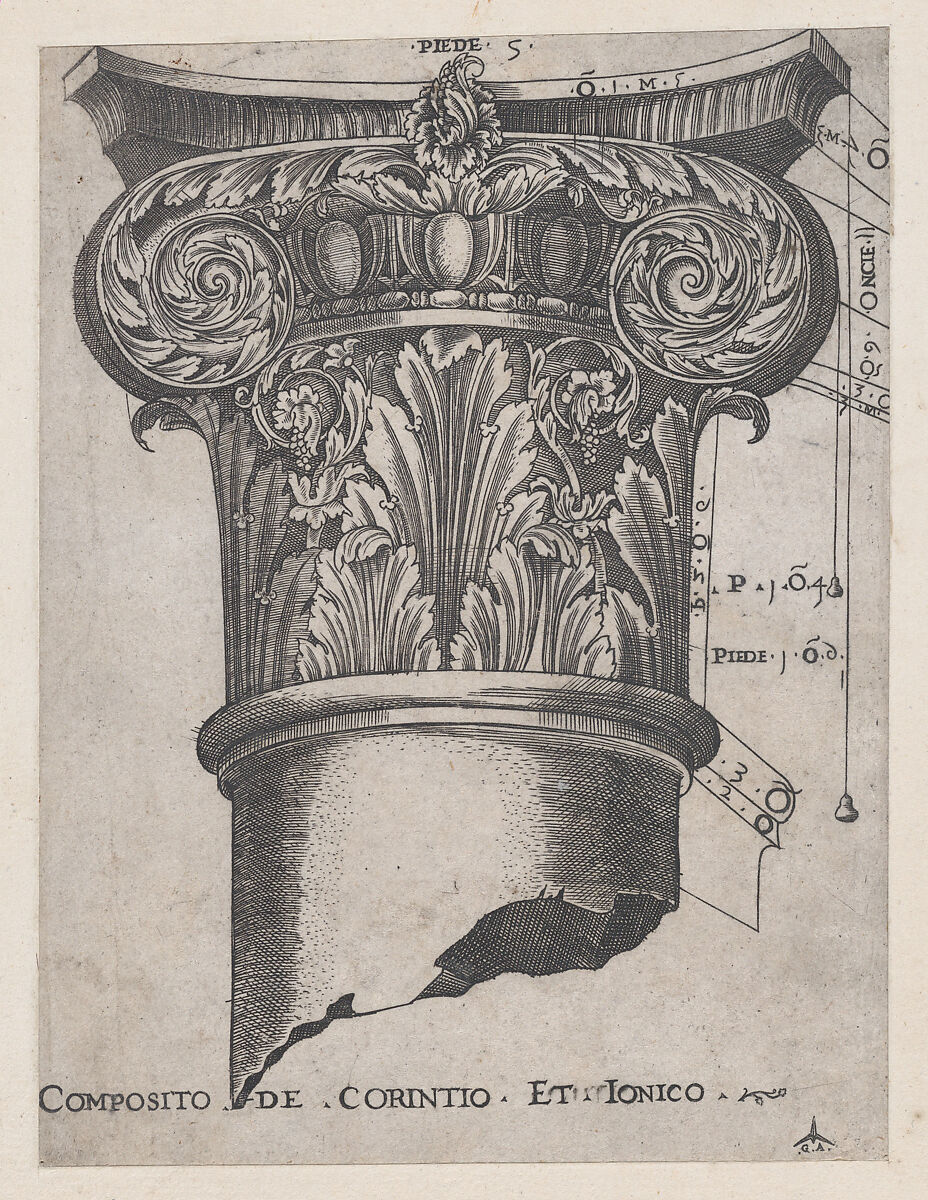 Composite of Corinthian and Ionic, from "Speculum Romanae Magnificentiae", Monogrammist G.A. &amp; the Caltrop (Italian, 1530–1540), Engraving 