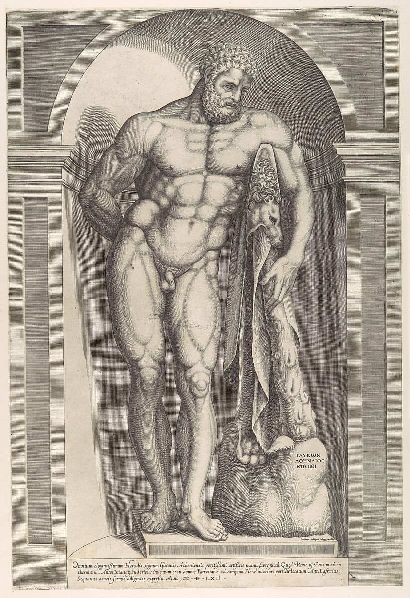 Speculum Romanae Magnificentiae: The Farnese Hercules, Jacob Bos (Netherlandish, Hertogenbosch ca. 1520, active Rome ca. 1549–80), Engraving 