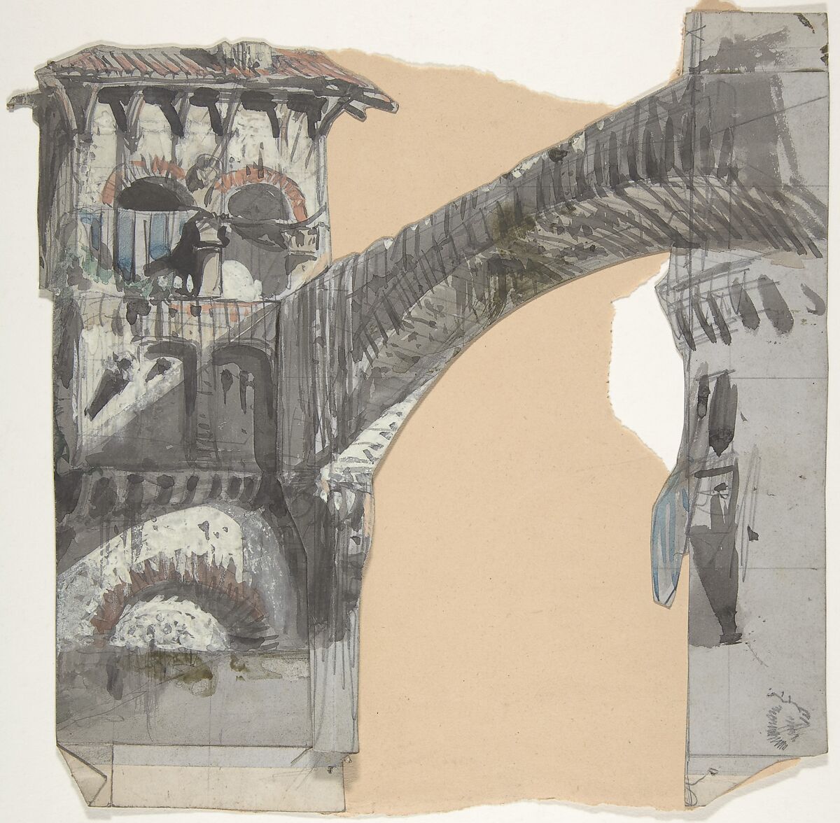 Design for a Stage Set at the Opéra, Paris, Eugène Cicéri (French, Paris 1813–1890 Fontainebleau), Graphite, brush and brown and green wash, and gouache 