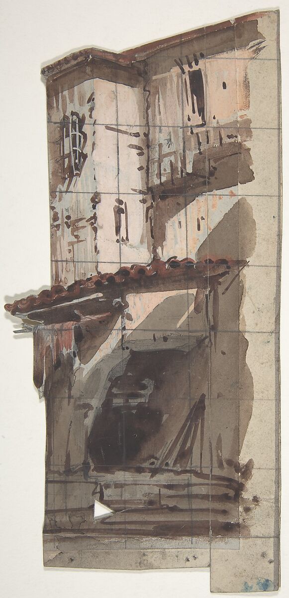 Design for a Stage Set at the Opéra, Paris, Eugène Cicéri (French, Paris 1813–1890 Fontainebleau), Graphite, brush and gray, yellow, and rose wash 