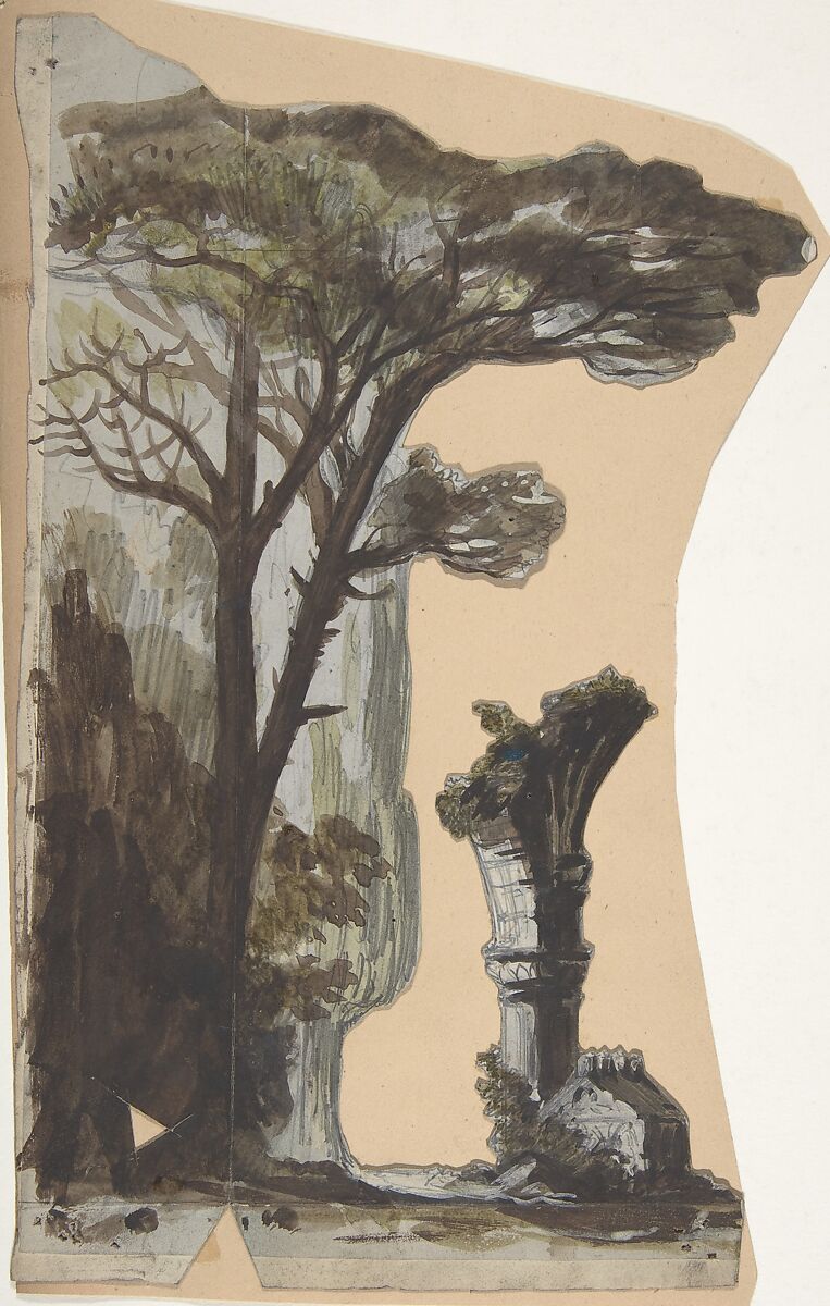 Design for a Stage Set at the Opéra, Paris, Eugène Cicéri (French, Paris 1813–1890 Fontainebleau), Graphite, brush and brown and green wash 