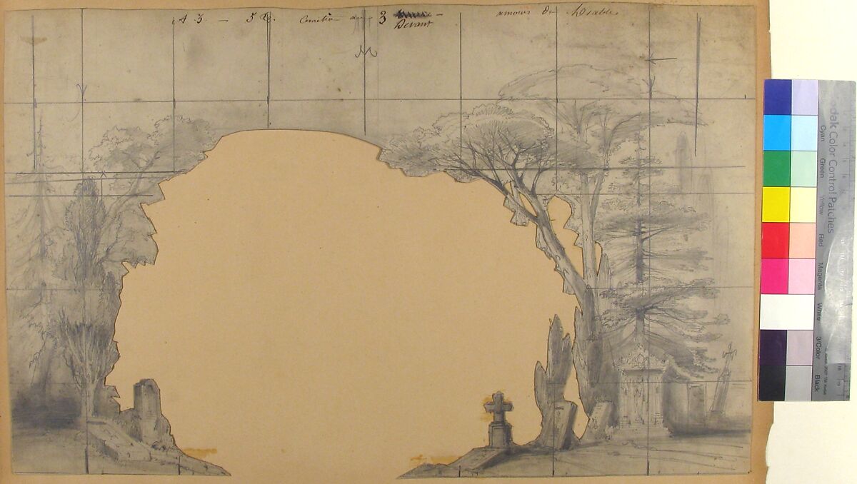 Design for a Stage Set at the Opéra, Paris: Cemetery, Eugène Cicéri (French, Paris 1813–1890 Fontainebleau), Graphite
