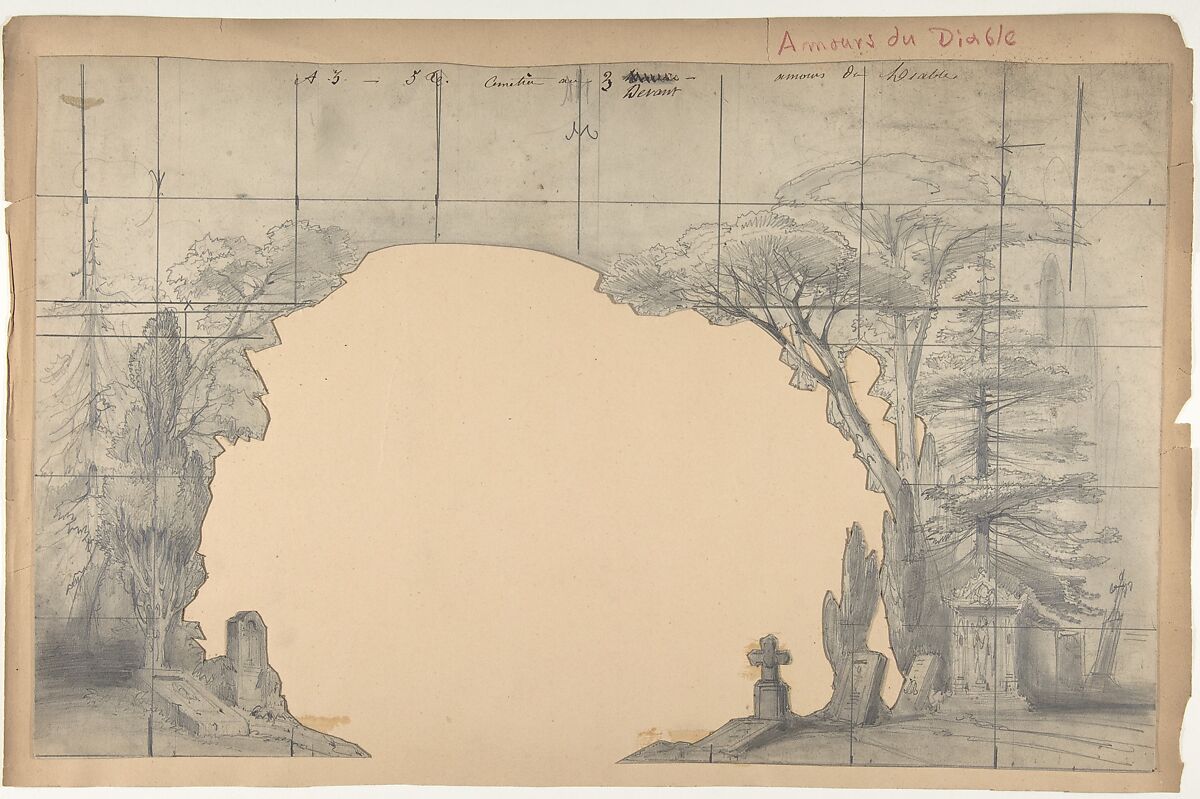 Design for a Stage Set at the Opéra, Paris: Cemetery, Eugène Cicéri (French, Paris 1813–1890 Fontainebleau), Graphite 