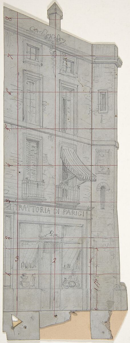 Design for a Stage Set at the Opéra, Paris: "Trattoria di Parigi", Eugène Cicéri (French, Paris 1813–1890 Fontainebleau), Graphite, pen and red ink 