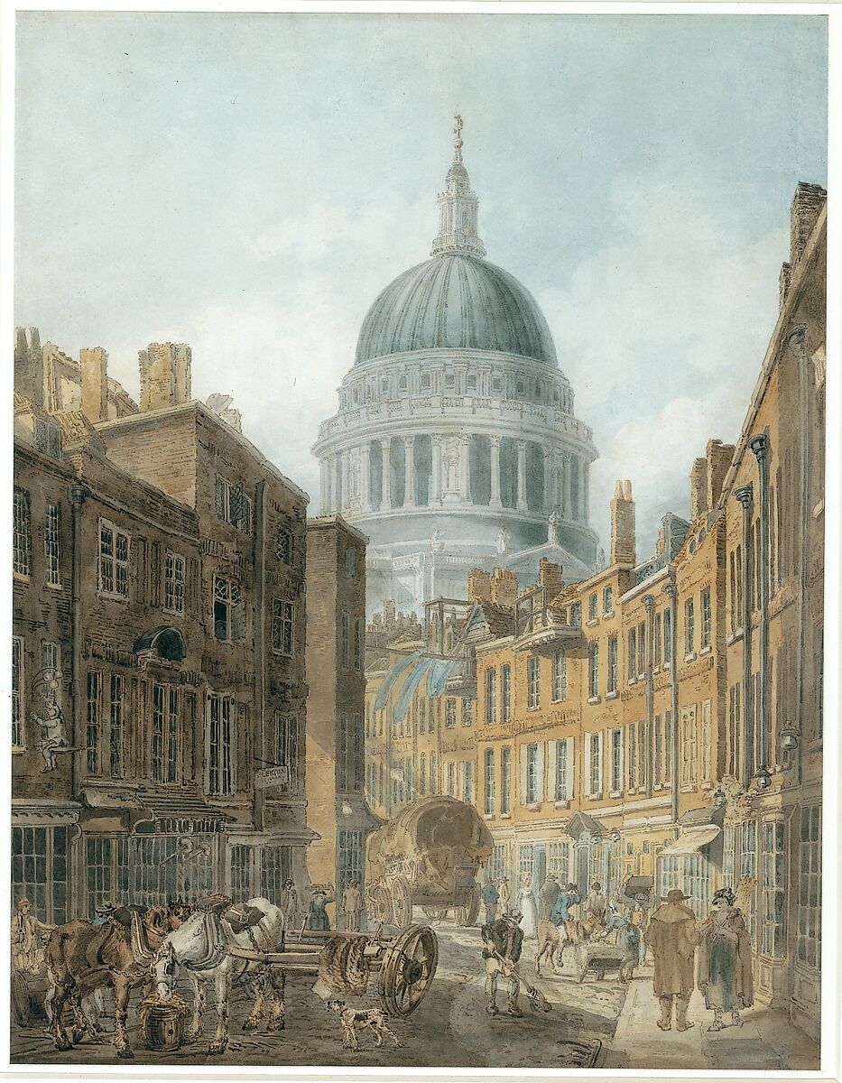 St. Paul's Cathedral, from St. Martin's-le-Grand, Thomas Girtin (British, London 1775–1802 London), Watercolor, pen and black ink, over graphite