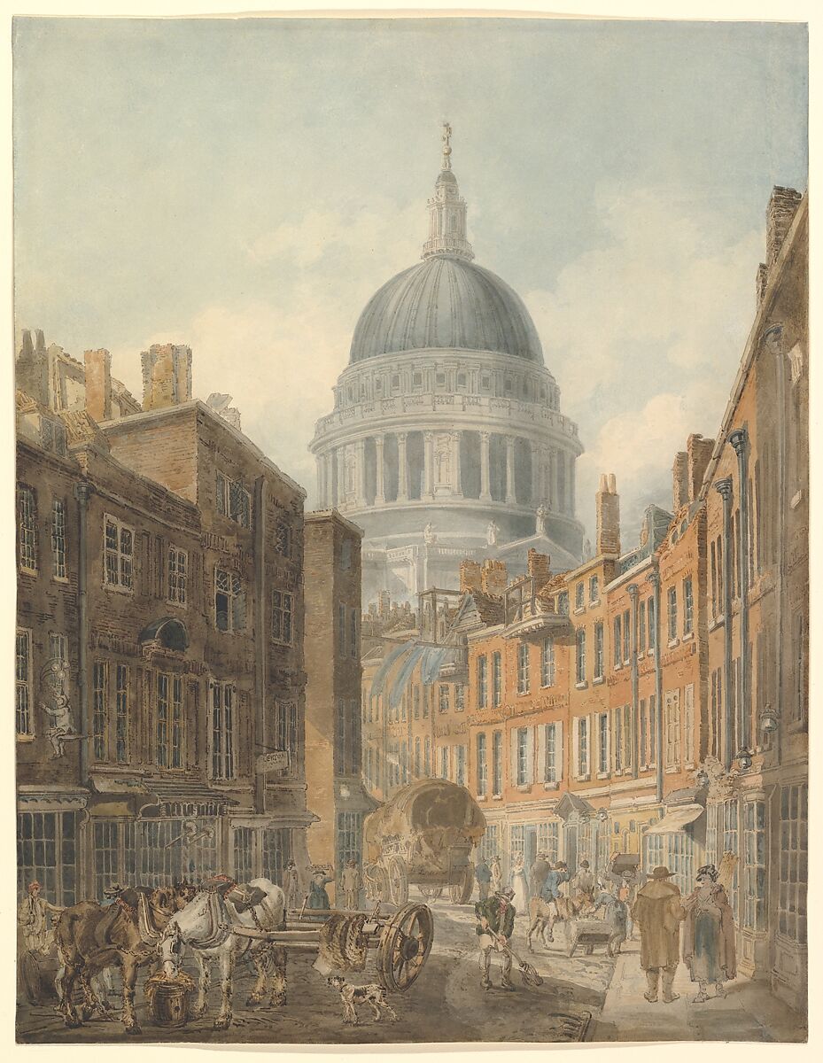 St. Paul's Cathedral, from St. Martin's-le-Grand, Thomas Girtin (British, London 1775–1802 London), Watercolor, pen and black ink, over graphite 