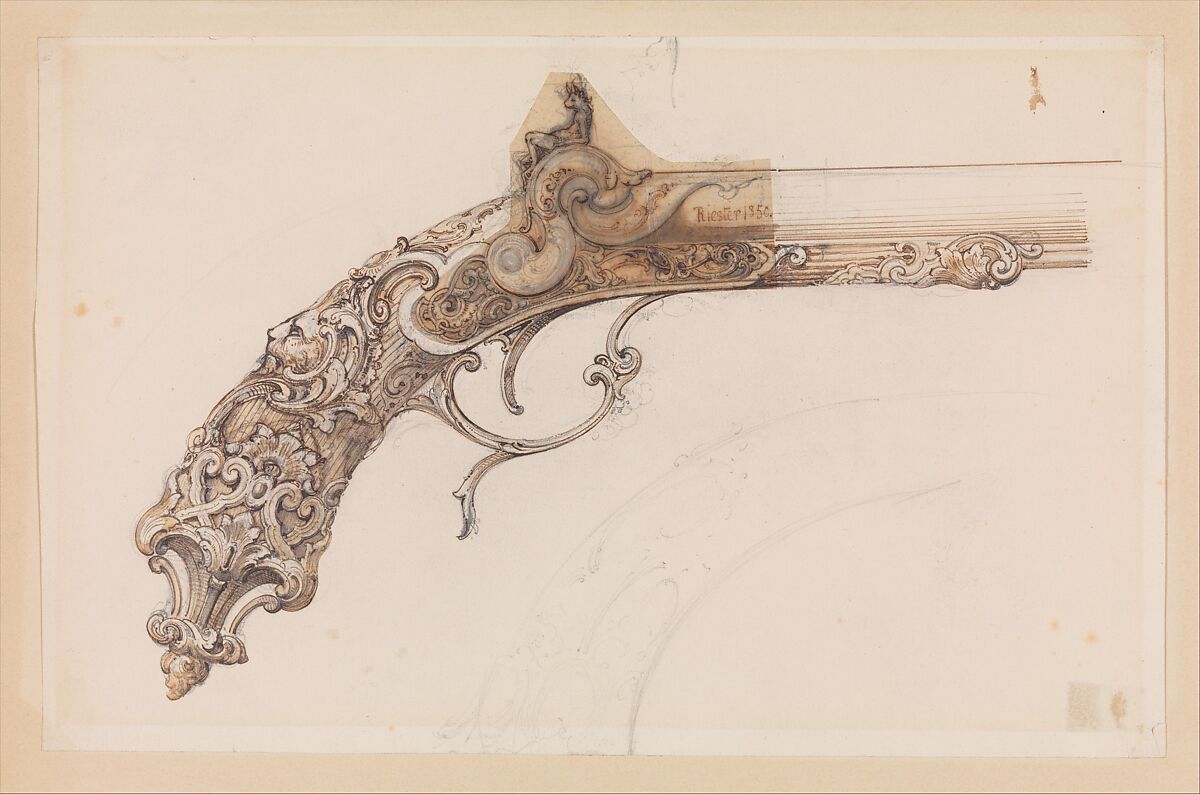 Design for a Percussion Pistol, Martin Riester (French, Colmar 1819–1883 Paris), Pen, ink, and pencil on paper, French, Paris 