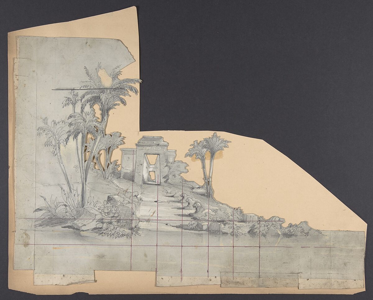 Design for a Stage Set at the Opéra, Paris, Eugène Cicéri (French, Paris 1813–1890 Fontainebleau), Graphite, heightened with white 