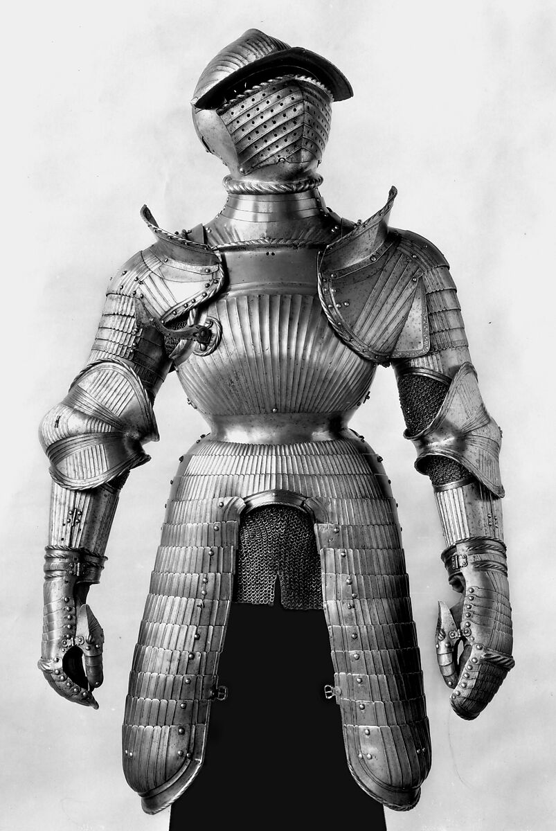 Armor, Helmet, pauldrons, and vambraces attributed to Kolman Helmschmid (German, Augsburg 1471–1532), Steel, leather, German, Augsburg 