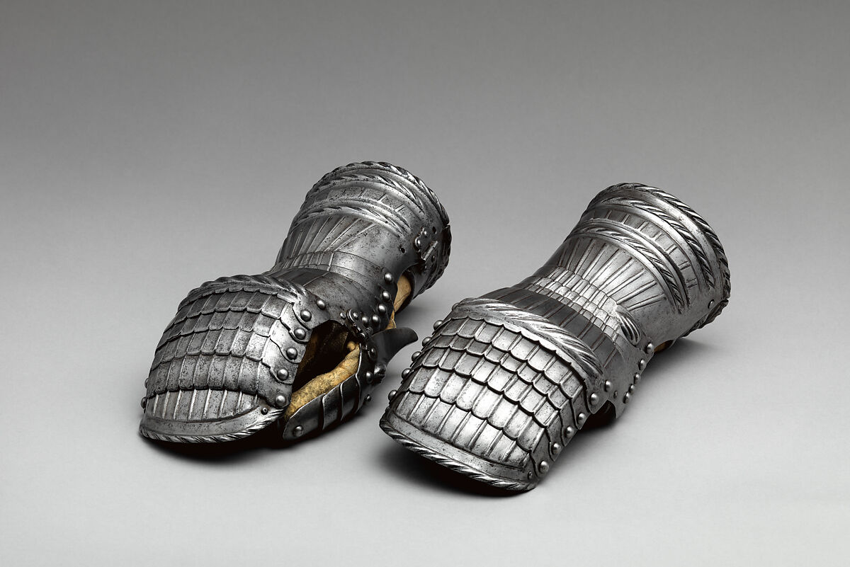 Armor, Helmet, pauldrons, and vambraces attributed to Kolman Helmschmid (German, Augsburg 1471–1532), Steel, leather, German, Augsburg