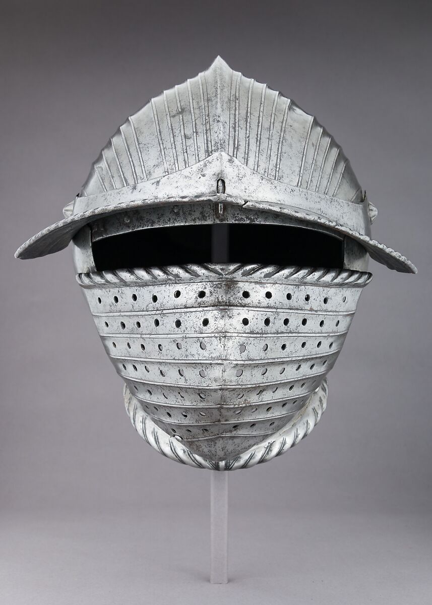 Armor, Helmet, pauldrons, and vambraces attributed to Kolman Helmschmid (German, Augsburg 1471–1532), Steel, leather, German, Augsburg