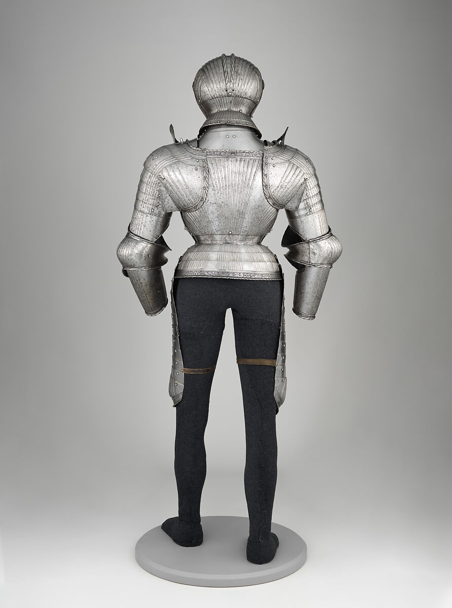 Armor, Helmet, pauldrons, and vambraces attributed to Kolman Helmschmid (German, Augsburg 1471–1532), Steel, leather, German, Augsburg