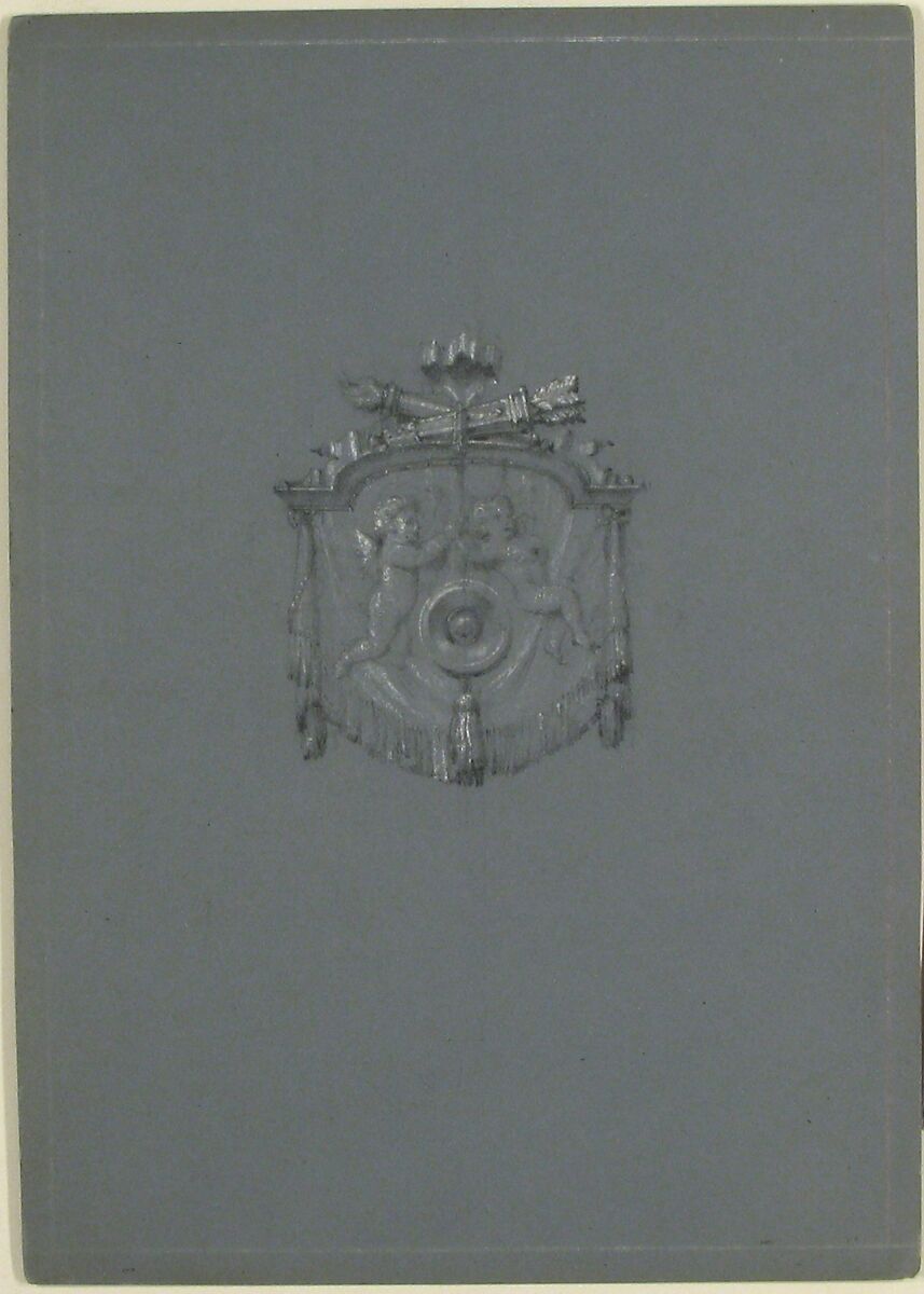 Design for a Cartouche, Anonymous, French, 19th century, Black chalk heightened with white chalk on blue paper; framing lines in white chalk