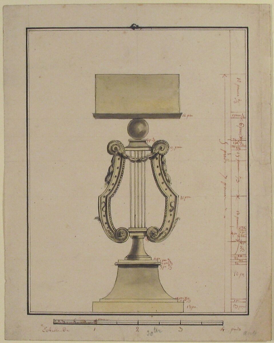 Design for a Music Stand, Anonymous, French, 19th century, Pen and black and red ink, brush and black, gray and yellow wash