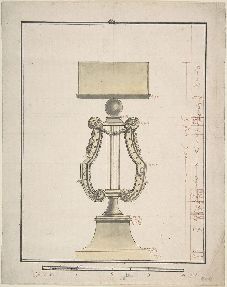Design for a Music Stand, Anonymous, French, 19th century, Pen and black and red ink, brush and black, gray and yellow wash 